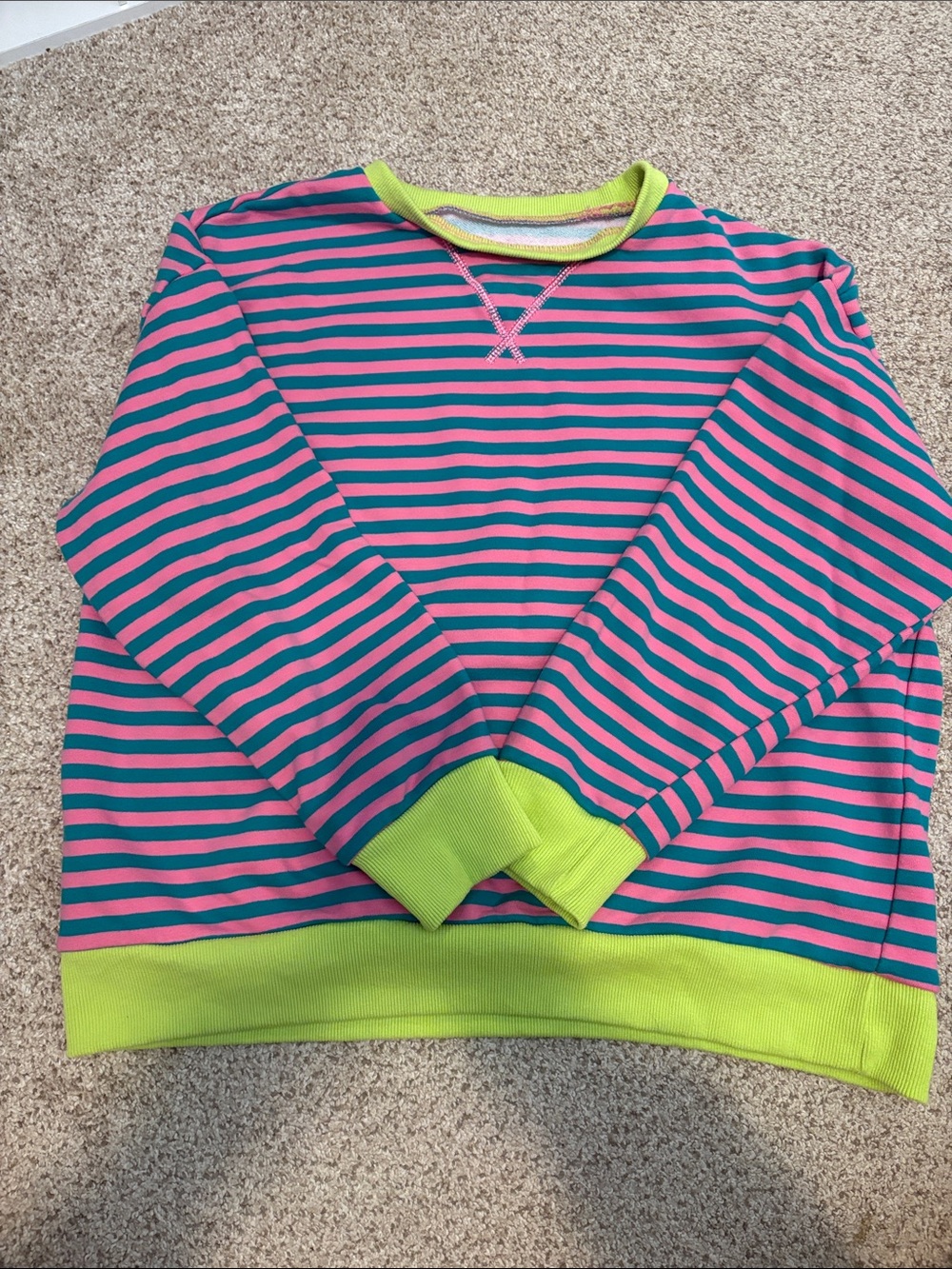 Amazon Women’s Striped Crewneck Sweatshirt - Pink, Teal & Lime
